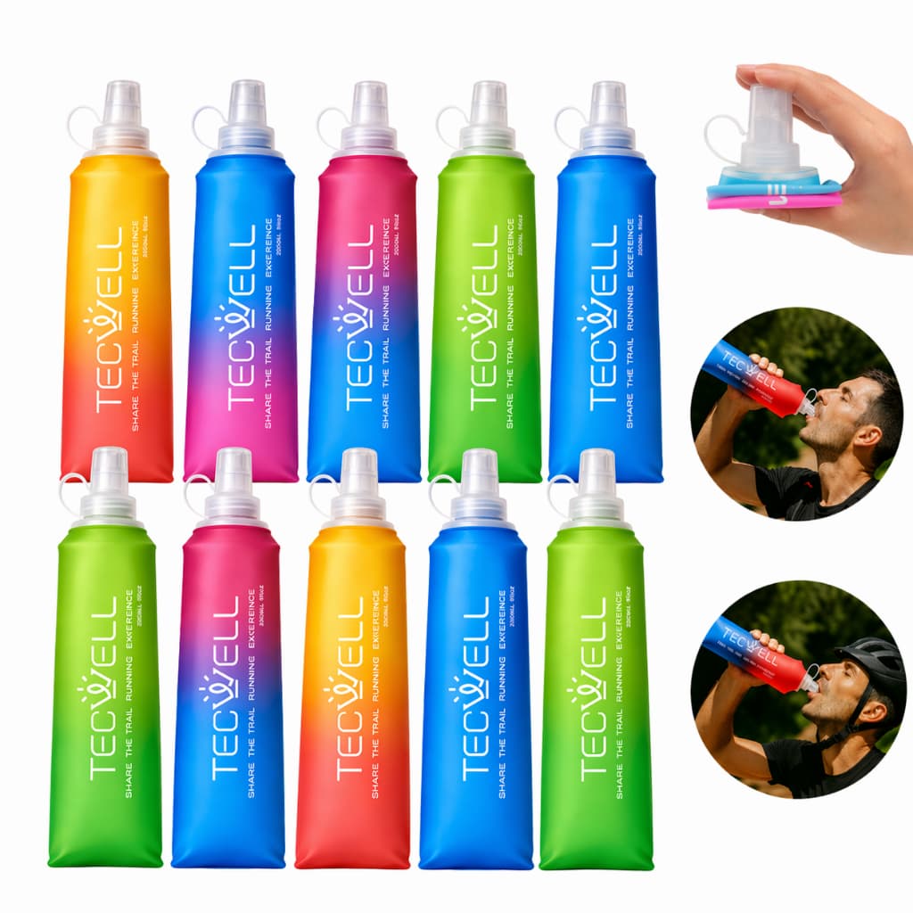 Kit 10 Garrafas de Água Silicone Dobrável  Flask Hidratação Running 250ml Macia Tecwell