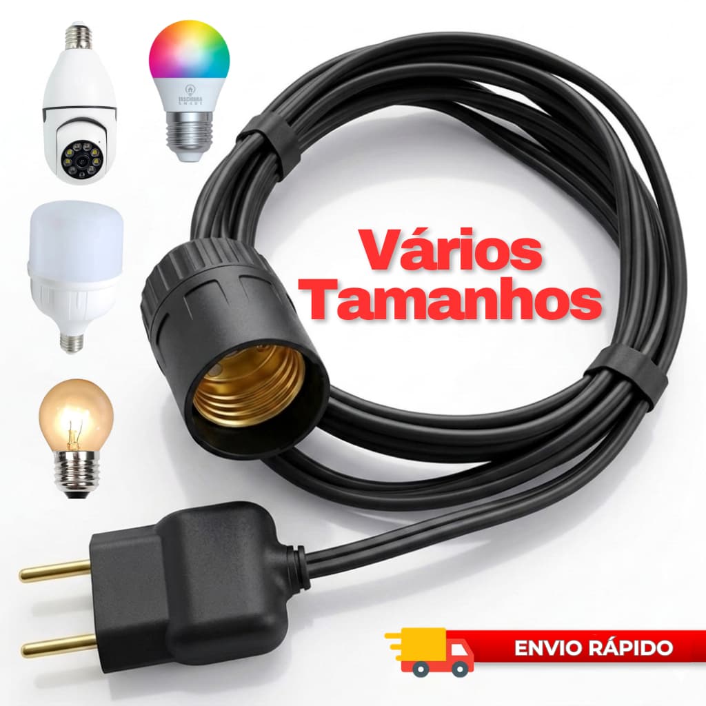 Extensão Com Bocal Soquete E Rabicho Para Lâmpada E27 Extensor Para Tomada Fio 1/2/3/5/10m - Preto