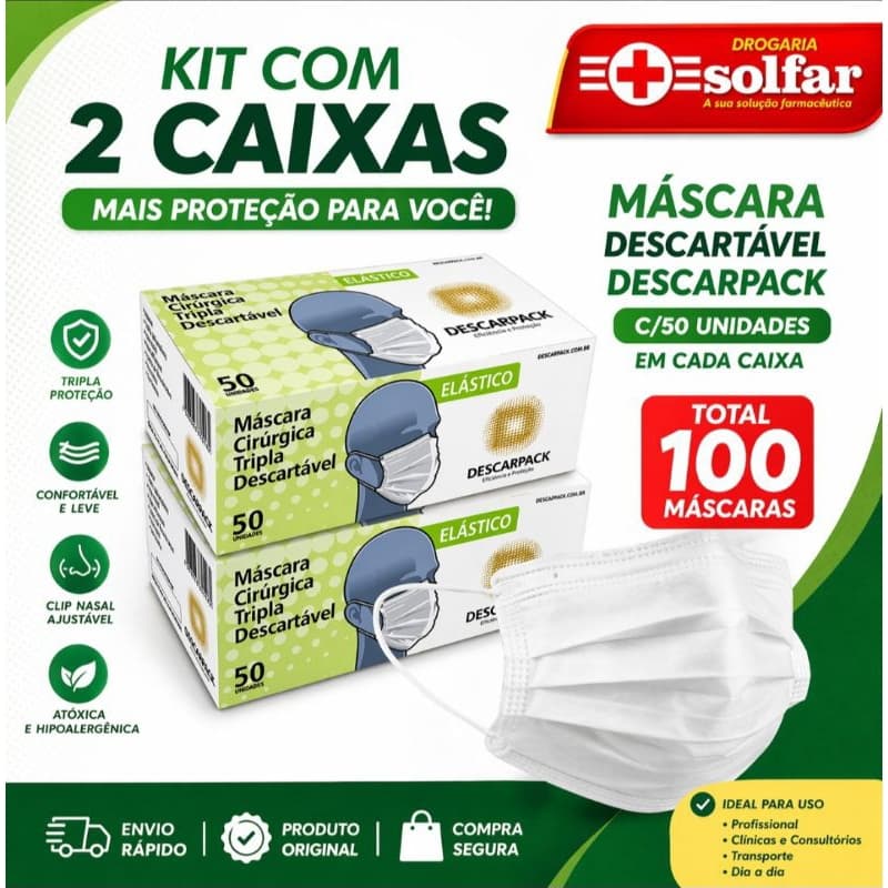 Máscara Descartável Descarpack C/50 Tripla Proteção | Confortável e Segura | Drogaria Solfar