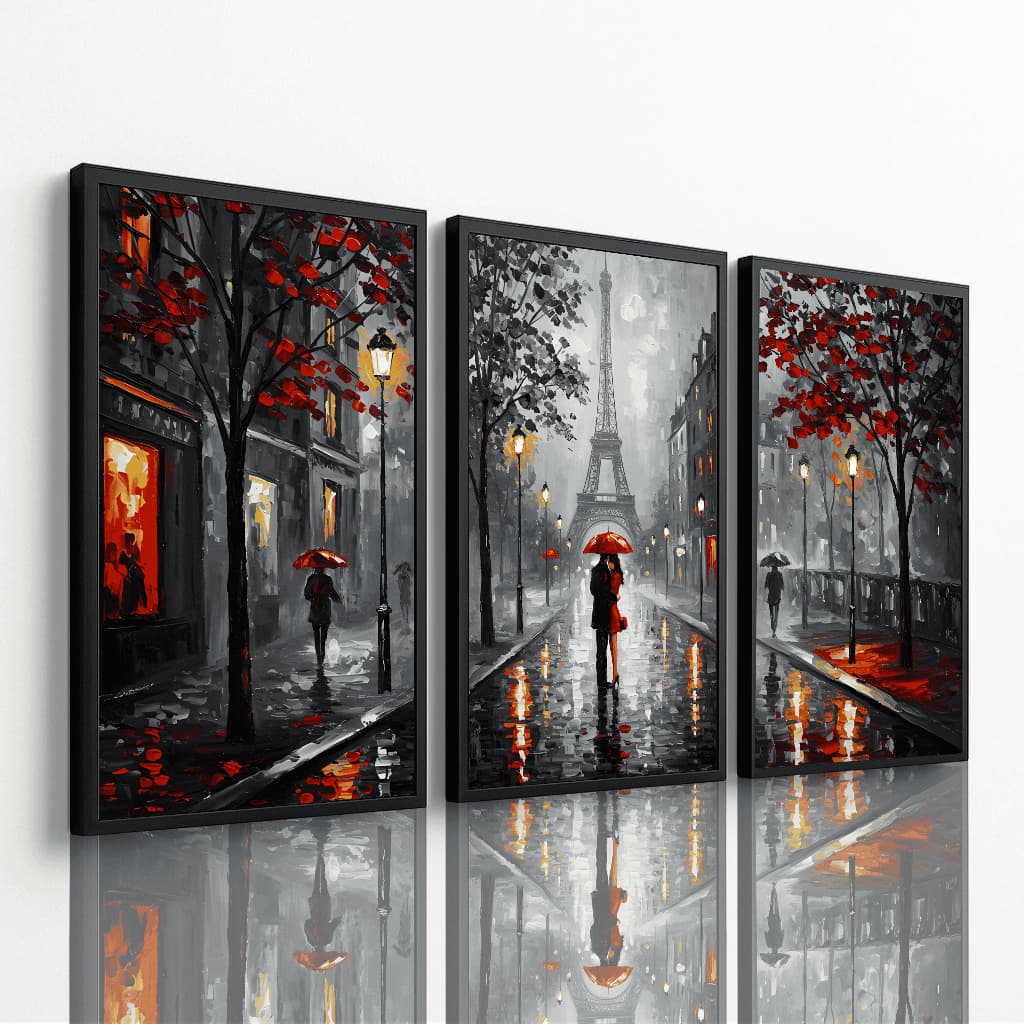 Quadro Decorativo 3 Peças Paris Torre Eiffel Chuva Vermelho Preto Moderno