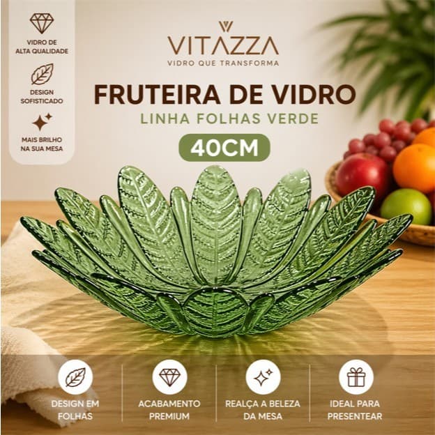 Fruteira De Vidro 40cm Centro De Mesa Folhas Cor Verde Vitazza