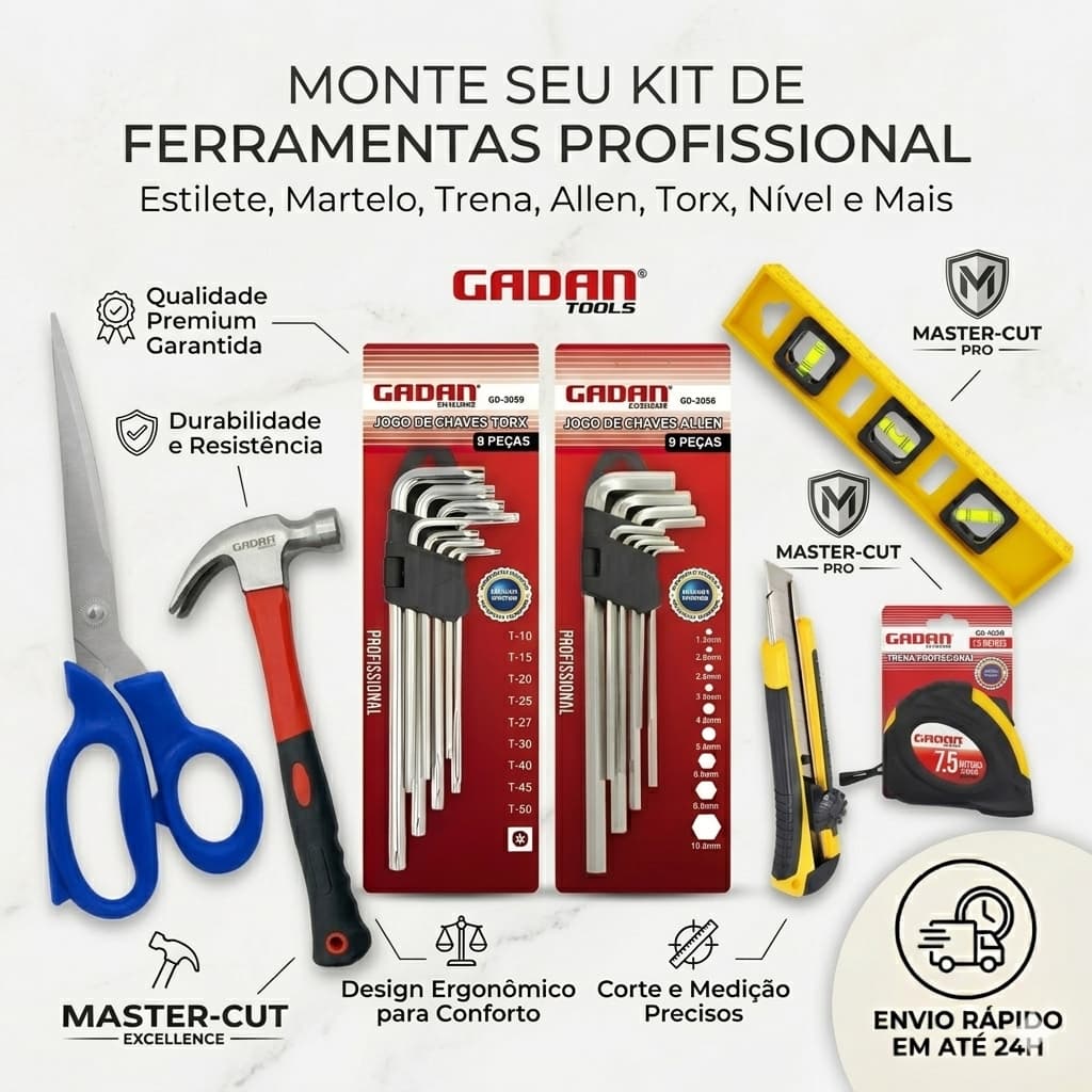 Monte Seu Kit de Ferramentas Profissional | Estilete, Martelo, Trena, Allen, Torx, Nível e Mais