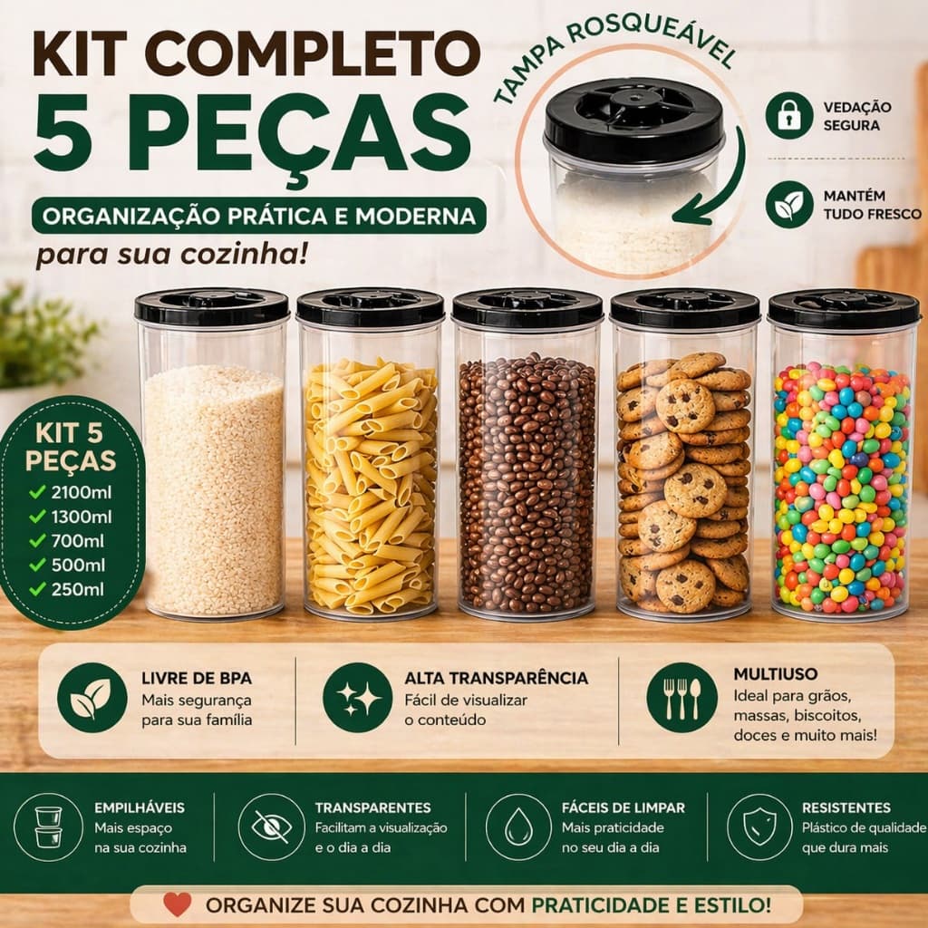 kit 5 pote transparente redondo com tampa 2,5 L BPA FREE porta mantimentos utensílios de cozinha