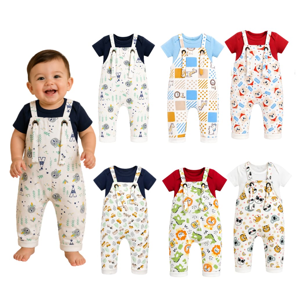 Conjunto Jardineira + Body Manga Curta Suedine Estampado Menino E Menina Roupas de Bebê Envio Rápido