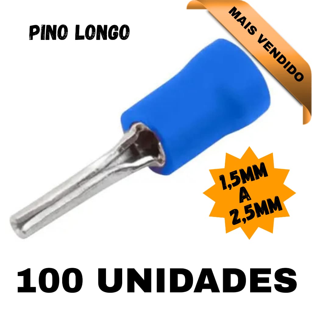 Kit 100 Terminal Pino Pre Isolado 1,5-2,5mm Longo Azul