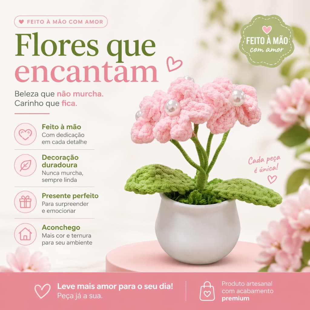 Flor decorativa em crochê com vaso plástico 10cm - Sortida presente dia das mães mãe carinho amor