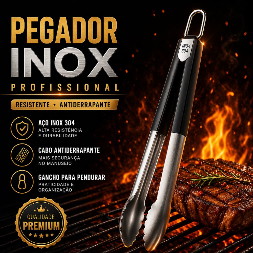 PEGADOR INOX 304 CHURRASCO PROFISSIONAL + KIT (GARFO E ESPÁTULA) ANTIDERRAPANTE RESISTENTE PREMIUM GRILL