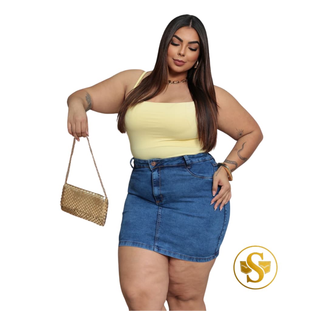 Mini Saia Jeans Plus Size Com Lycra Levanta Bumbum Curta Cintura Alta Premium Azul Aço 46 ao 54