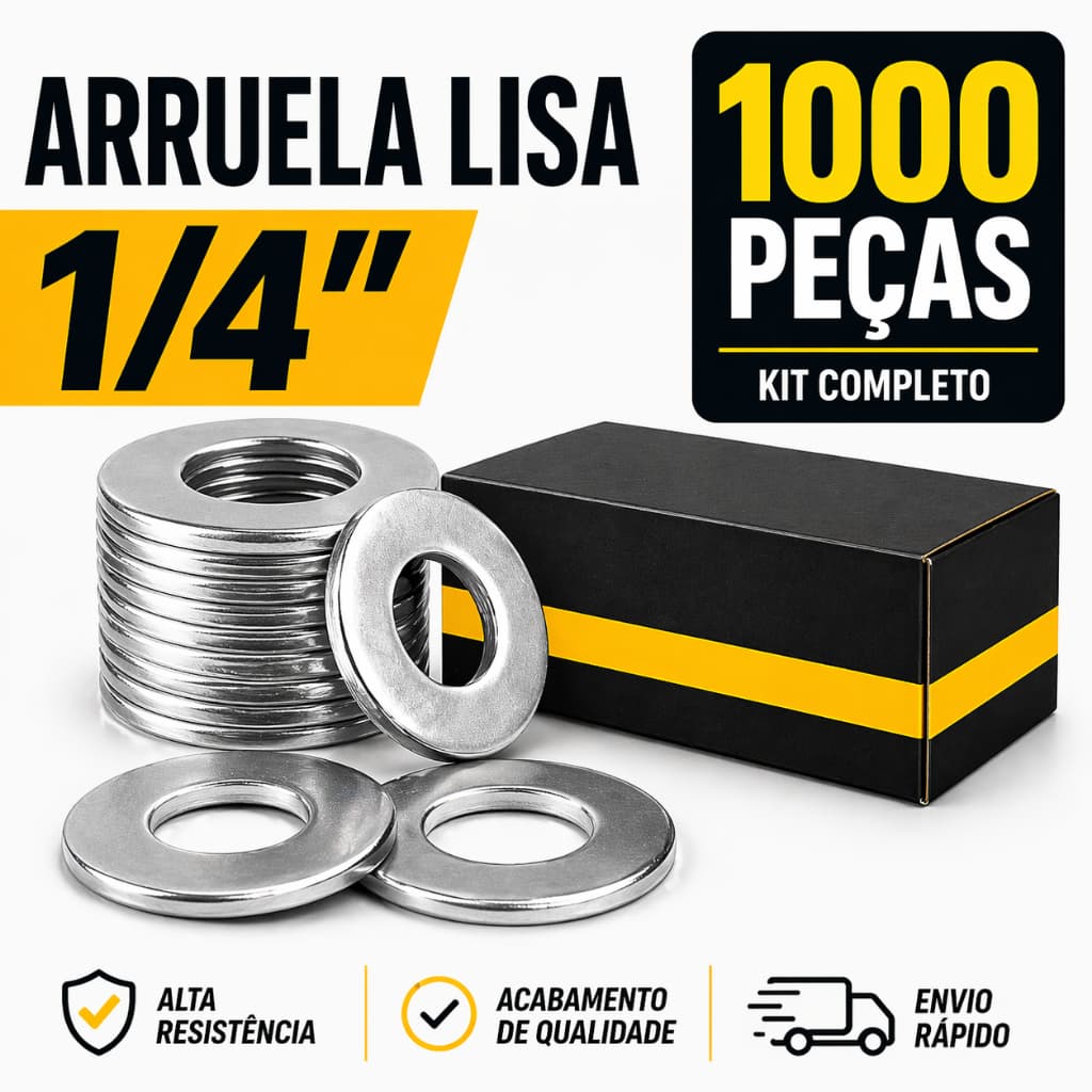 Arruela Lisa 1/4 Zincada Kit 1000 Peças Aço Carbono Alta Resistência Fixação Parafusos Construção Civil