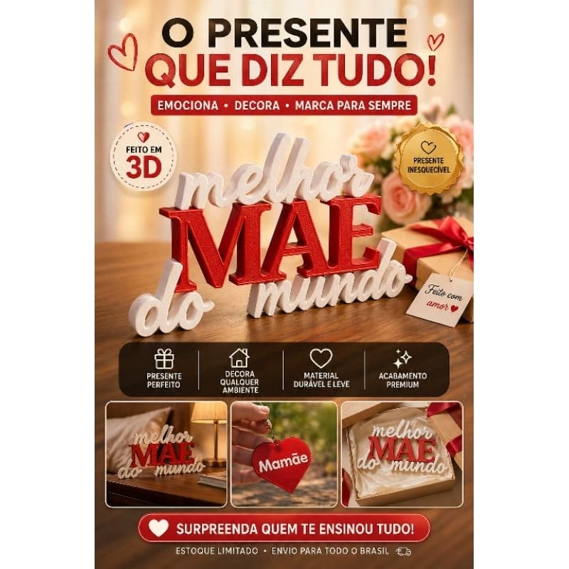 Combo Presente Dia das Mães “Melhor Mãe do Mundo” – Letreiro Decorativo em Madeira + Chaveiro Mamãe