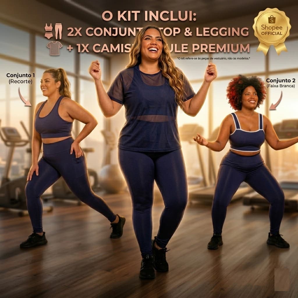 Conjunto Academia Feminino Plus Size 3 Peças - Sinta-se Bonita Treinando | Zero Transparência