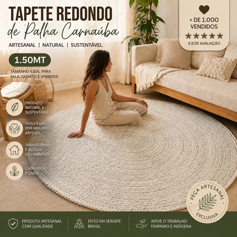 Tapete Redondo 1.50mt Palha Natural Artesanal Sala Quarto Decoração Boho Luxo Sustentável
