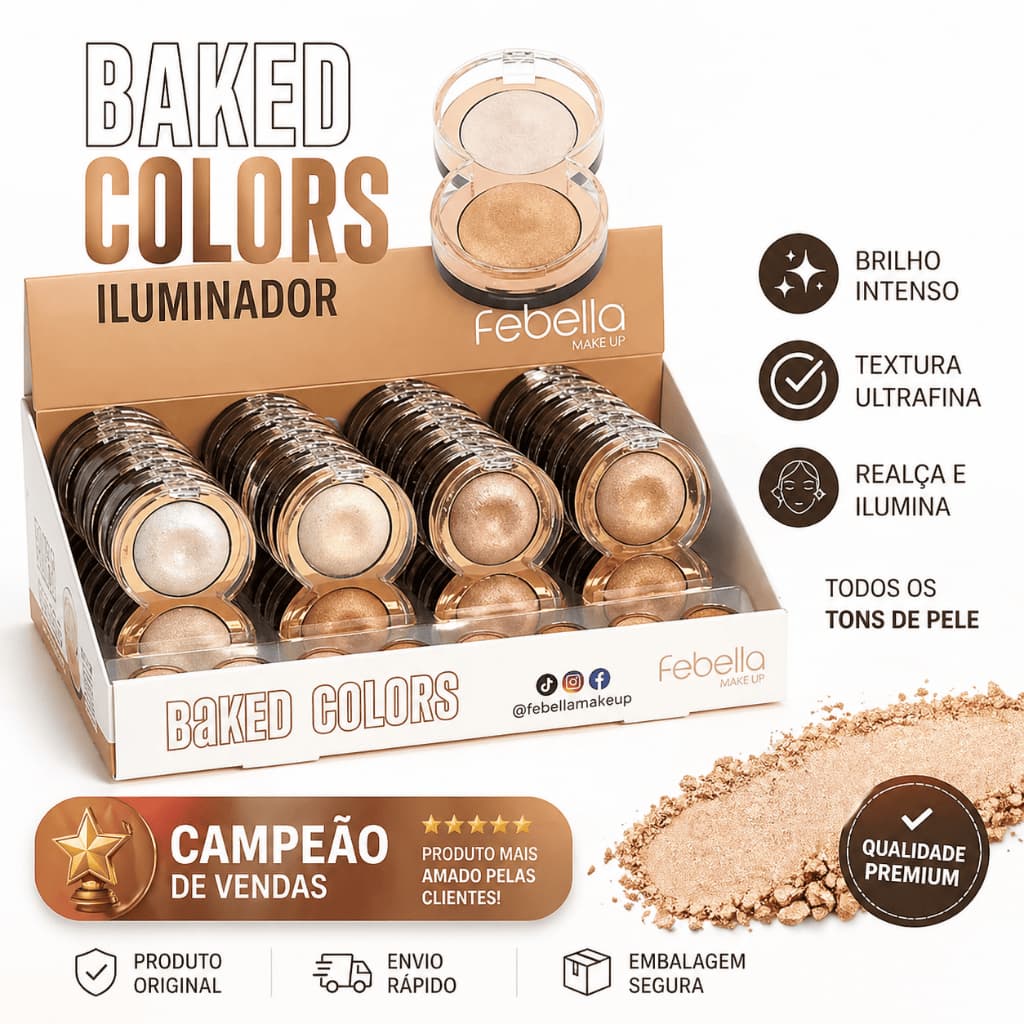 Iluminador Baked Colors Febella Duo Glow Brilho Intenso Alta Fixação Facial