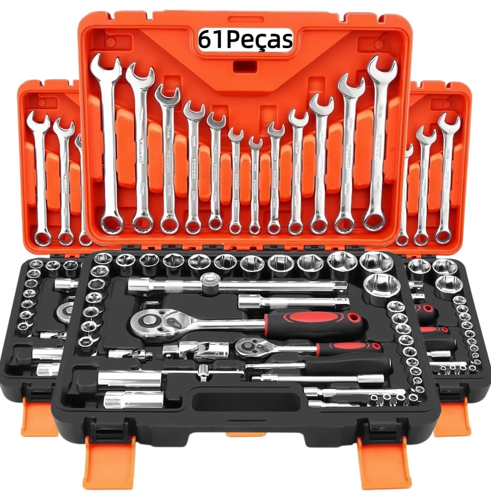 Kit 37/61 Peças Ferramentas Profissional  Jogo Soquete, Chave Combinada e Catraca com Maleta- Para Mecânica Automotiva