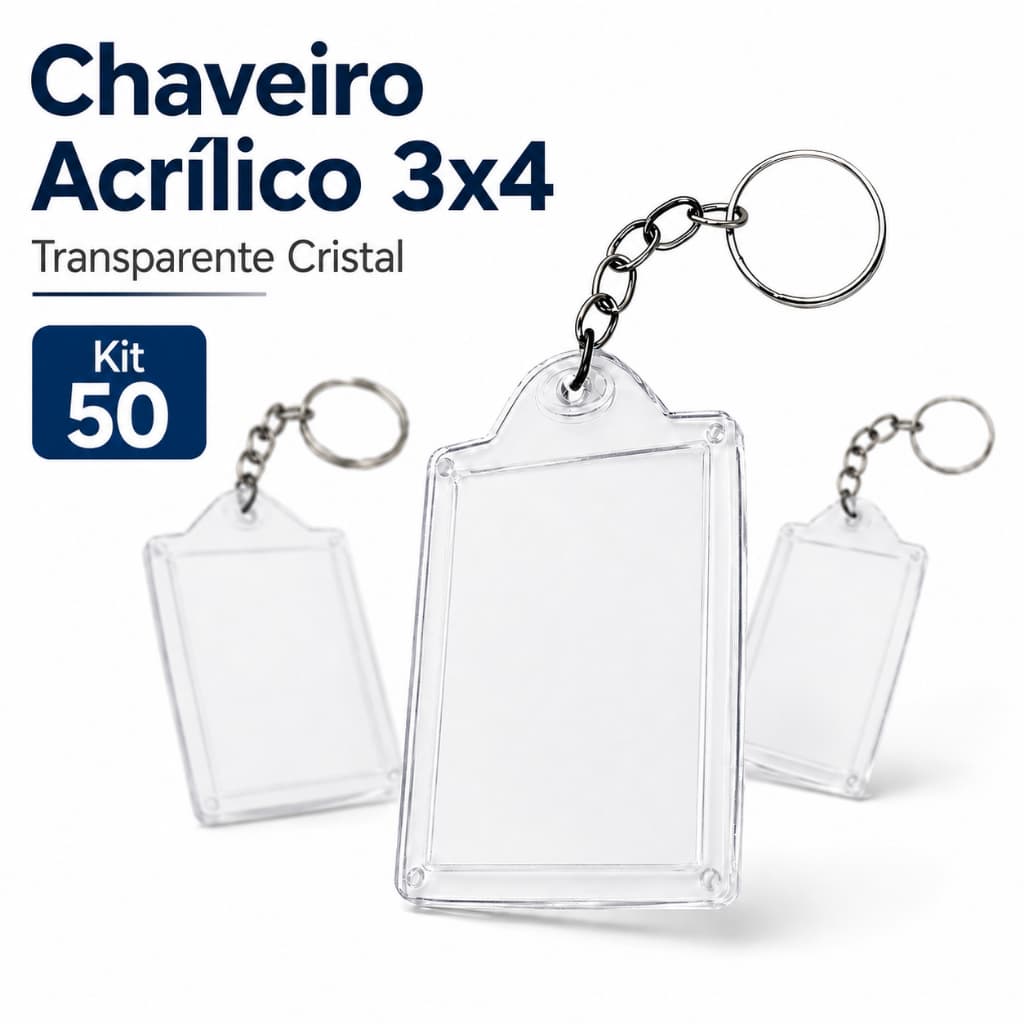 Kit 50 Chaveiro Acrílico Foto 3x4 com Argola Transparente para Personalizar Lembrancinha Festa