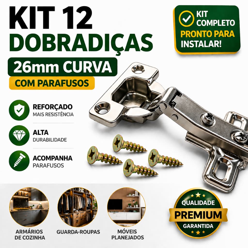 Kit 12 Dobradiça 26mm Curva Armário Porta Móveis Cozinha Guarda Roupa Com Parafuso