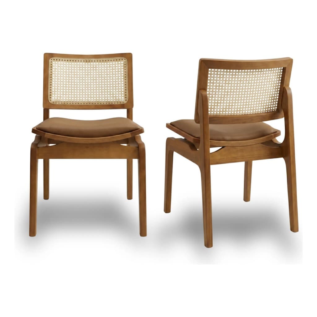Kit 2 Cadeiras Para Sala De Jantar Em Madeira Maciça Encosto Rattan Estofado Courino Palinha