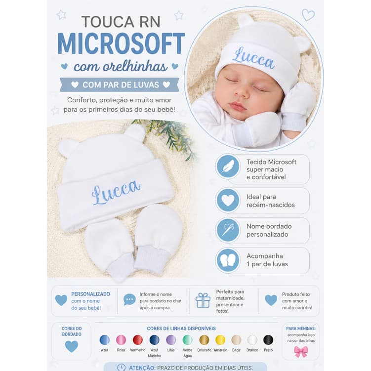 Touca RN Microsoft com Orelhinhas + Par de Luvas |Touca Personalizada com Nome Bordado