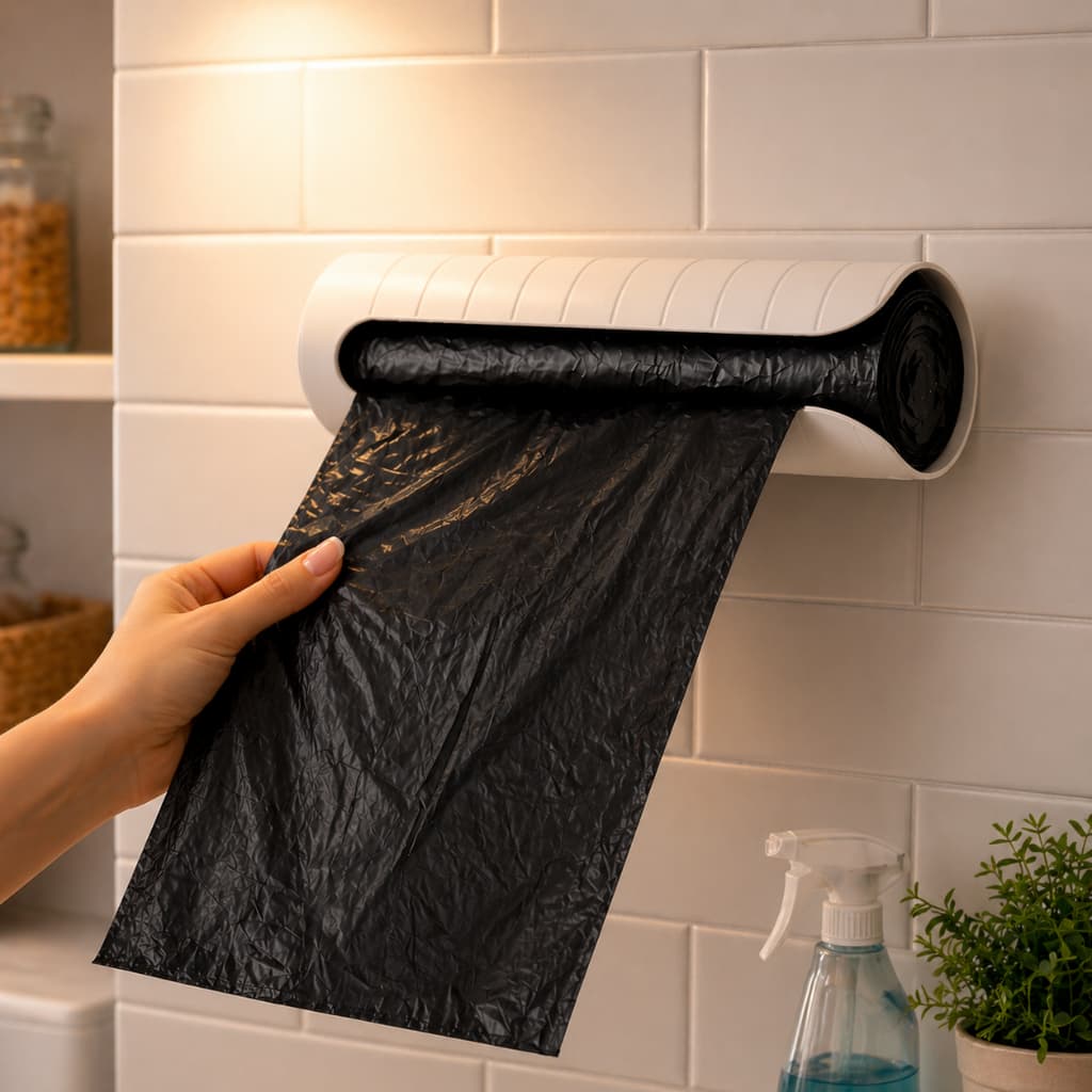 Suporte para Saco de Lixo Parede Dispenser Sacos Organizador Moderno Cozinha Lavanderia Casa Compacto Preto e Branco