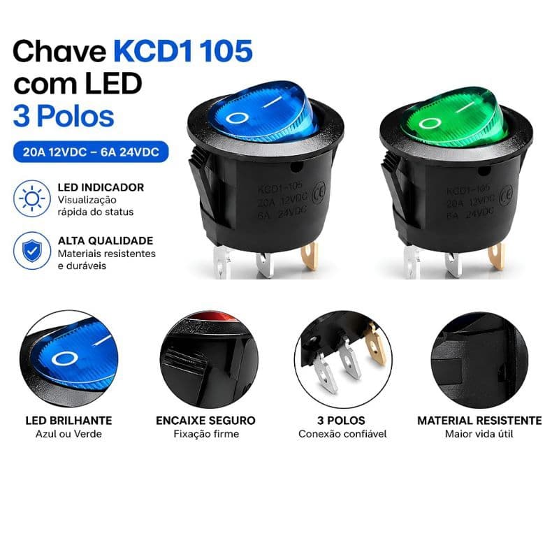 CHAVE GANGORRA KCD1-105 COM LED – 3 POLOS (20A 12V / 6A 24V)
