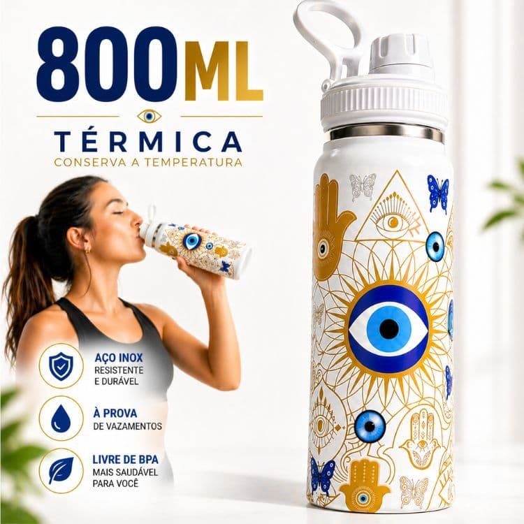Garrafa Térmica  Água 800ml Inox Gravação Uv 360 Olho Grego Academia Fitness Com Alça E Bico Premium
