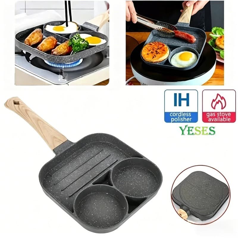 Frigideira especial para cozinha, para ovos no café da manhã, multifuncional com 3 furos, compatível com indução e gás