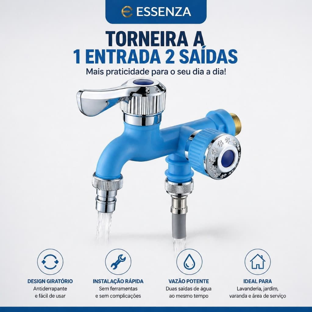 Torneira 1 Entrada 2 Saídas Máquina Lavar Tanque Banheiro ABS Premium Essenza 1/2 Pol Multiuso