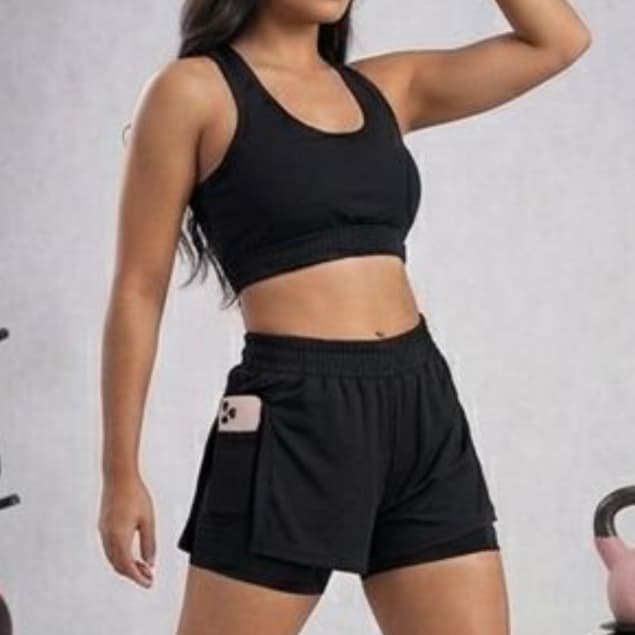 Conjunto Fitness Duplo 2 em 1 DRYFIT Feminino Short Compressão Academia Confortável treino caminhar