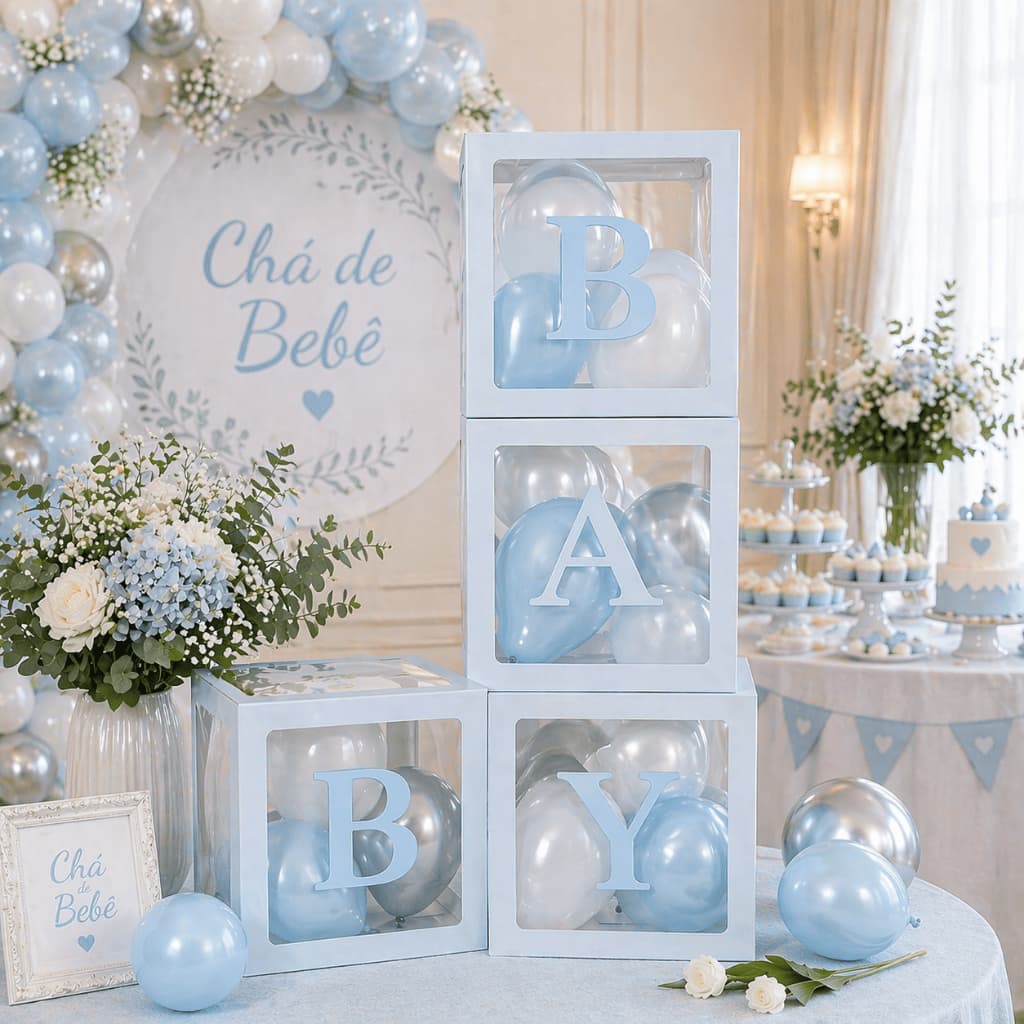 Kit 4 Cubos Baby Decoração Chá Revelação Bebê Festa 30cm Transparente com Letras Decoração Chá Revelação Bebê Completo