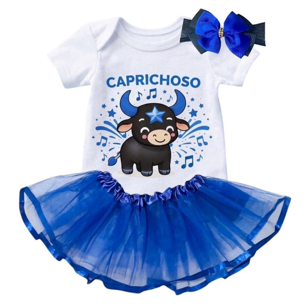 Kit Body Bebê Boi Caprichoso + Faixa Laço e Saia Tule Menina Festival de Parintins Mesversário