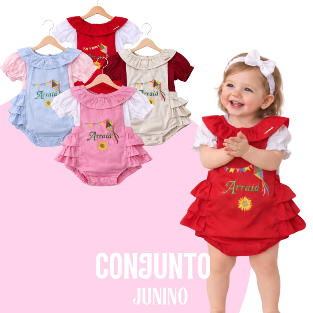 Bory Feminino Infantil Baby Bordado Tema Arraia Conjunto Bory + Blusa Confortavel Para Meninas Bebe
