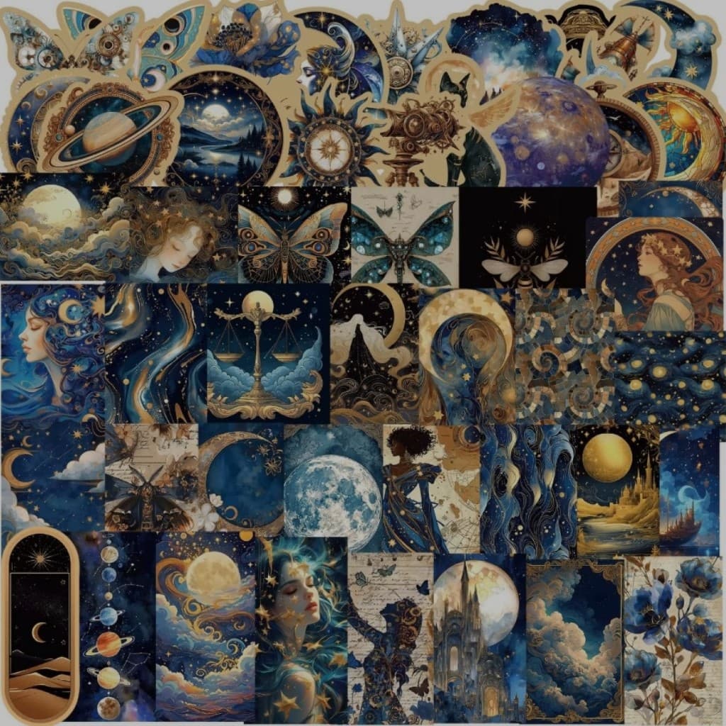 50 Stickers Místicos Noite Estrelas Luas Planetas Decoração Coleção Parede