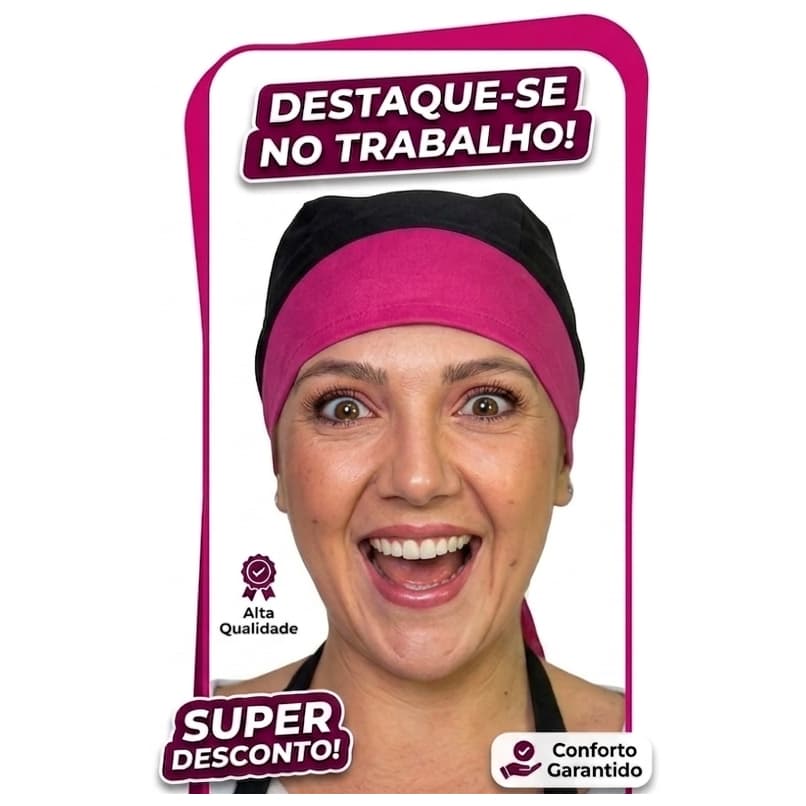 Touca Bandana Preto e Rosa Pink  Chef Unissex Cozinha Padaria Restaurante 100% Oxford