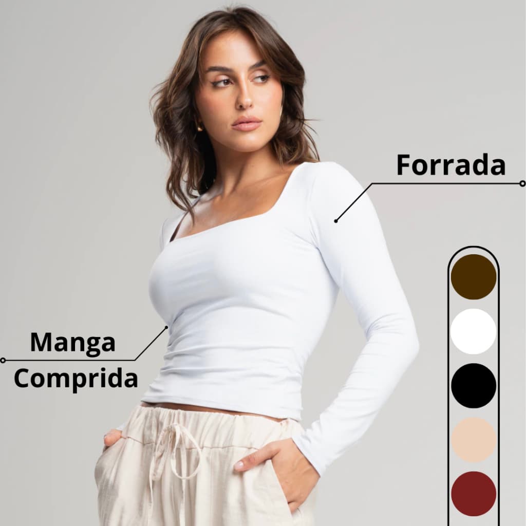 Blusa Feminina de Manga Longa Decote Quadrado Estilosa Elegante