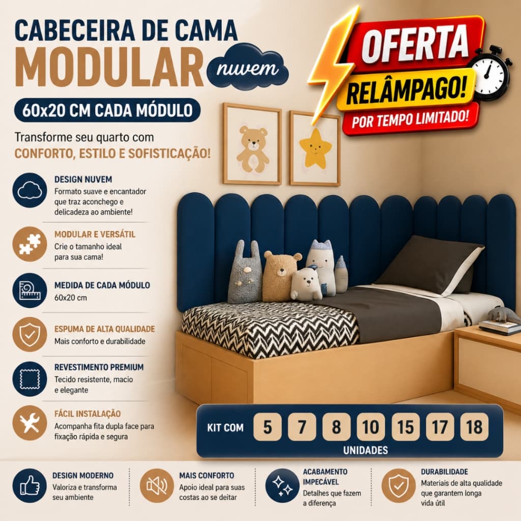 Kit Cabeceira Modular Estofada Nuvem 60x20 Adesiva | Fácil Instalação