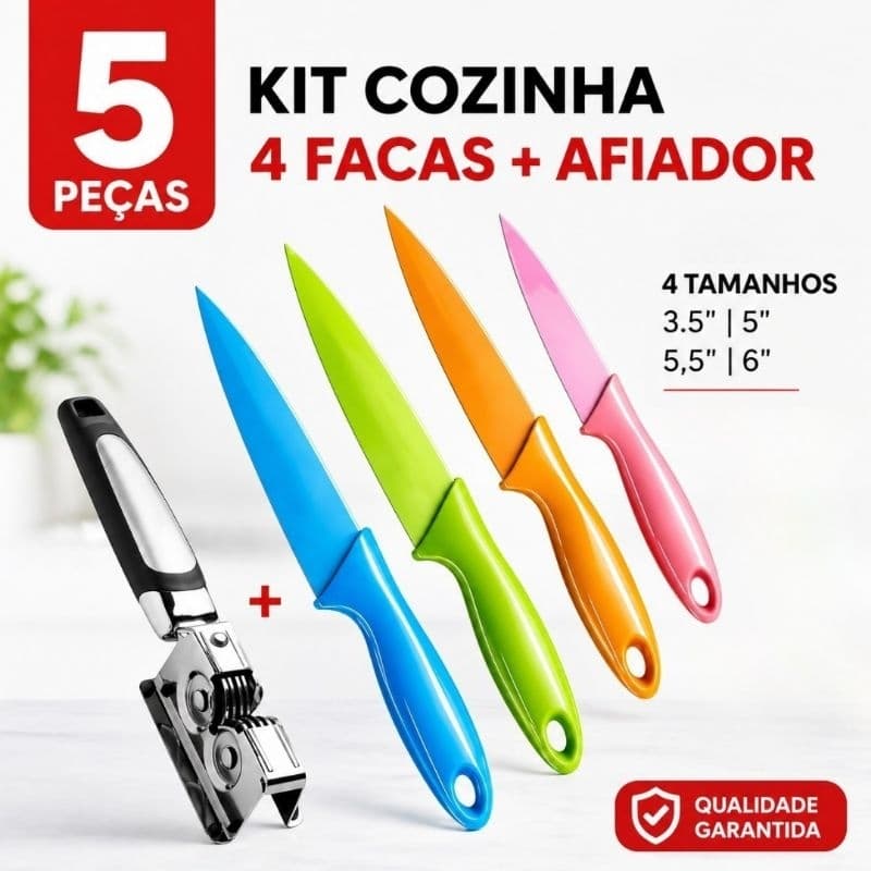 Kit Cozinha 4 Facas + Afiador de Facas Manual Cortes Precisos