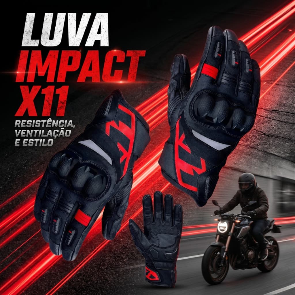Luva X11 - Impact 3 - Cano Curto - Couro - Moto - Motociclista - Preto/vermelho