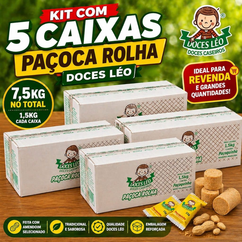 Kit 5 Caixas Paçoca Rolha Doces Léo 1,5kg Cada 7,5kg Atacado Revenda 🥜