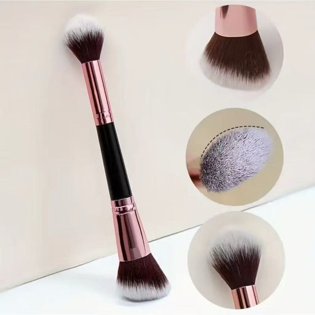 Pincel Duplo de Maquiagem Champagne para Blush e Contorno Cerdas Macias Não Absorve Pó