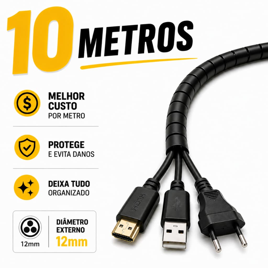 Organizador de Fios e Cabos 10 m| Acabe com Cabos Bagunçados | Ideal para Mesa, TV e PC | Fácil