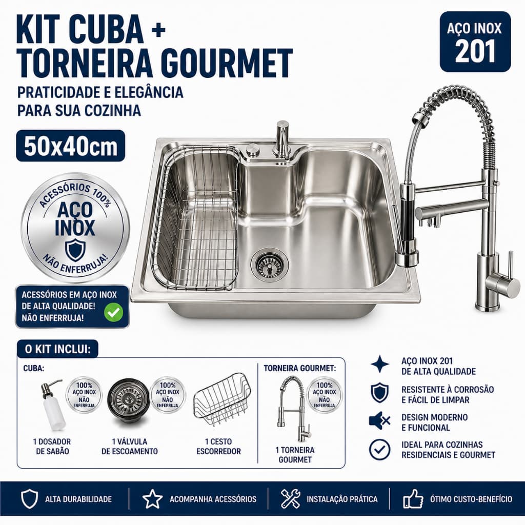 Cuba para cozinha gourmet pia aço inox 50x40 com Torneira de água quente e fria na cozinha Moderna