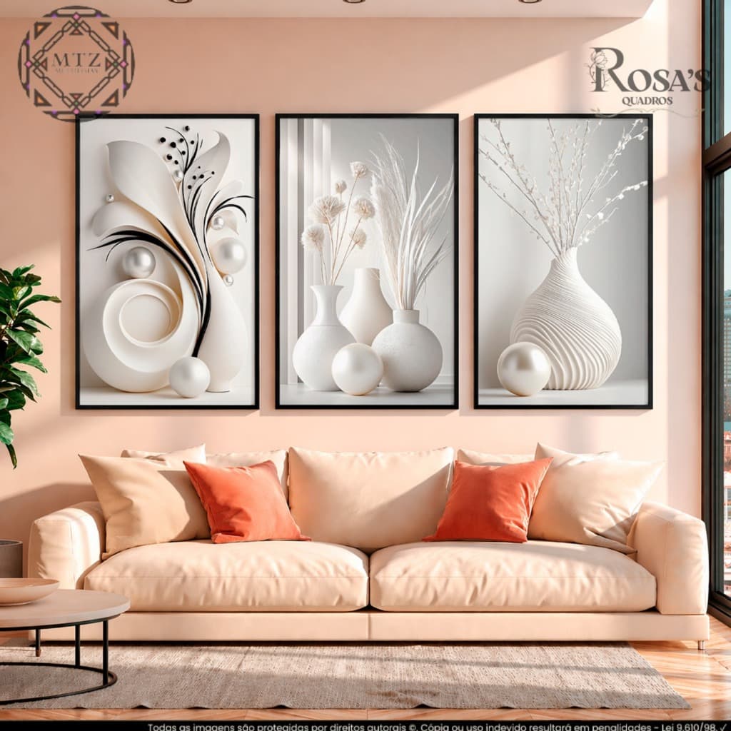 Kit 3 Quadros Decorativos Abstrato Minimalista Perolado Off White Sala Quarto Escritório Mdf Luxo
