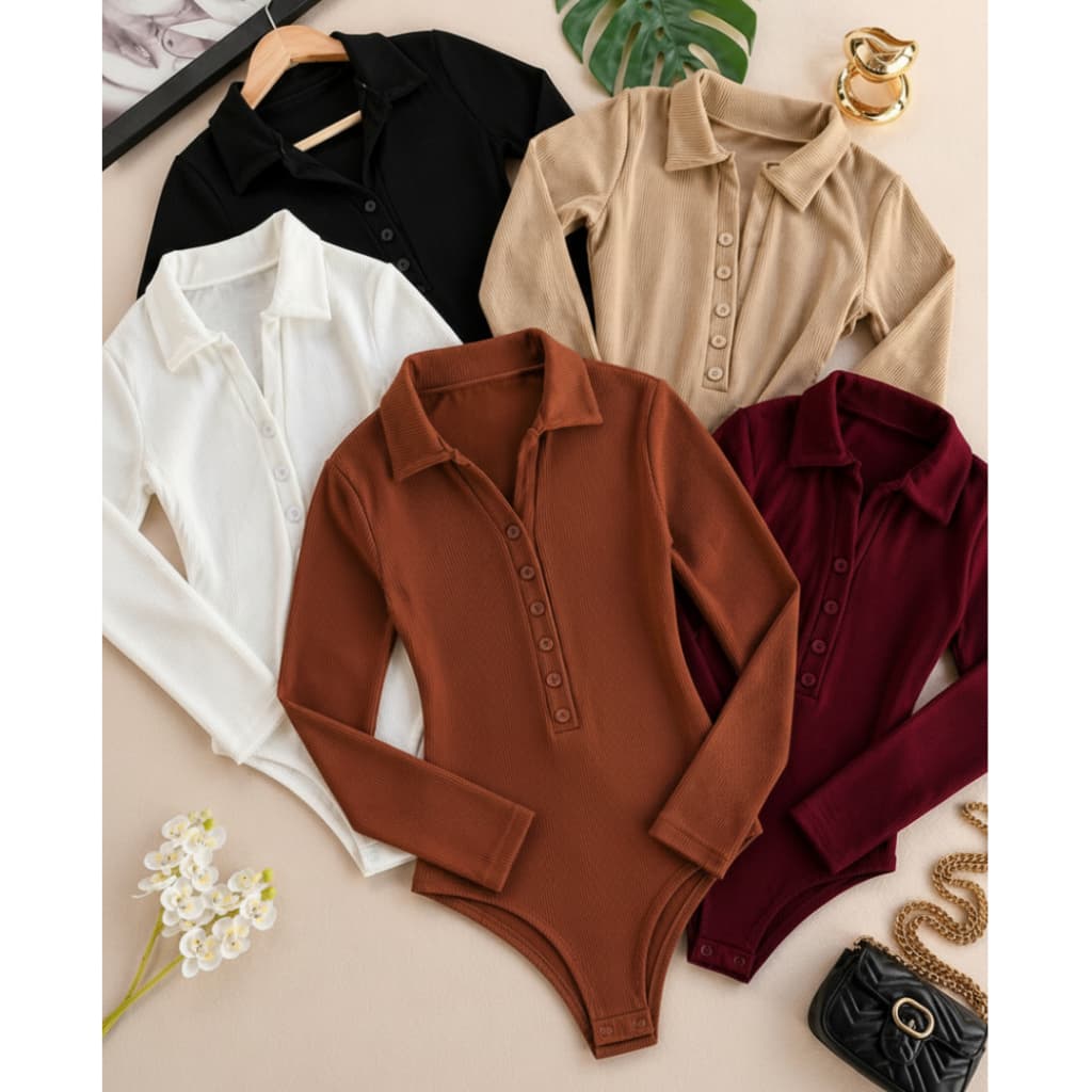 Body Feminino Canelado Manga Longa Gola Polo Botões Ajustável Moda 2026 Básico Elegante