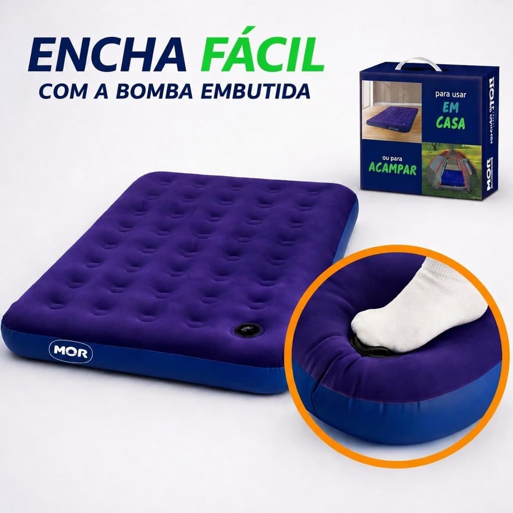 Colchão de Casal Solteiro King Inflável Com Bomba De Pé Uso Fácil Resistente Aveludado Portátil MOR