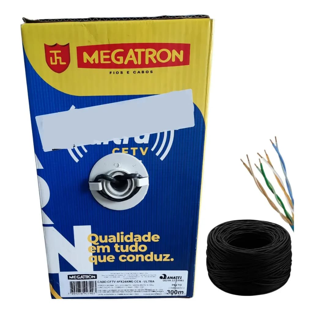 Cabo Rede CFTV Cat5e Megatron 300m 4 Pares 24AWG UTP Profissional CMX Homologado