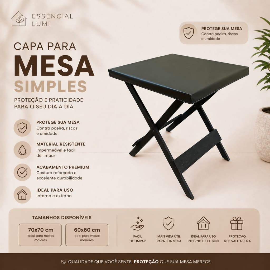 Capa para Mesa Dobrável Impermeável Reforçada 60x60 e 70x70 | Proteção e Durabilidade | Multiuso