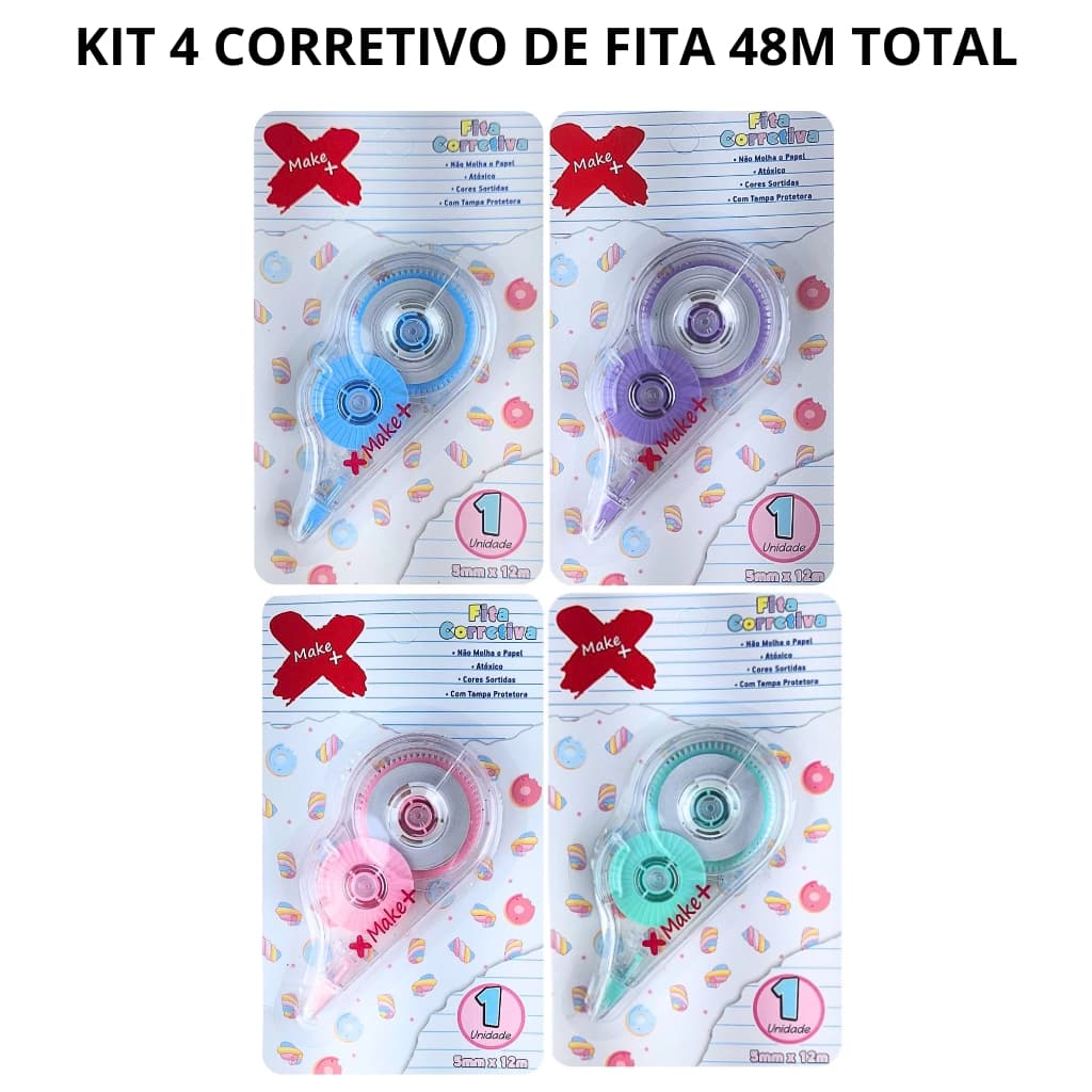 Kit 4 Corretivo em Fita 12m durável Candy Color Colorido Fita Corretiva Escolar Escritório Atacado Errou Apagou Macio