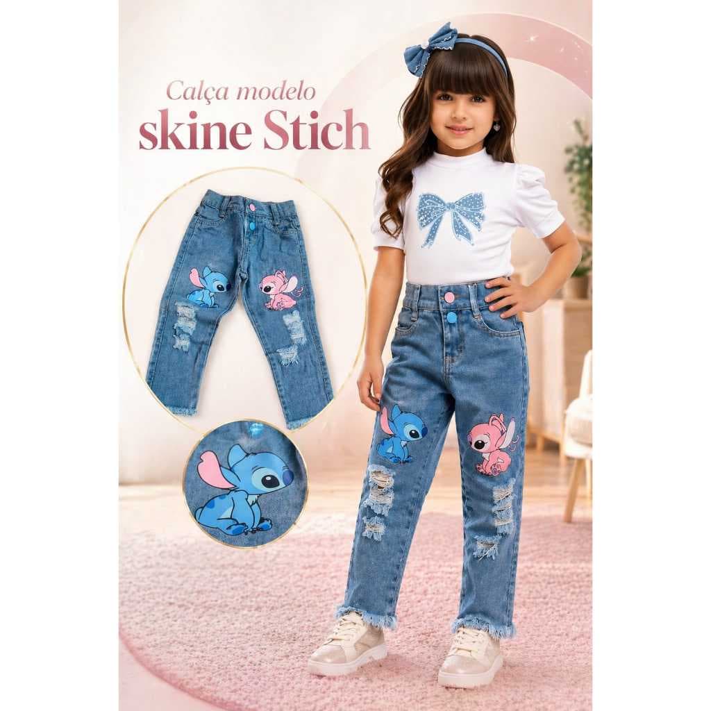 Calça Jeans Infantil Skinny Estampada Personagens Menina Linda Confortável Blogueirinha Tendência 2026 Pronta Entrega