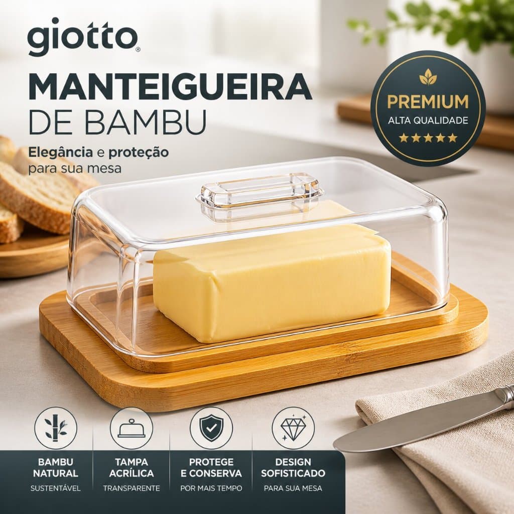 Manteigueira de Bambu com Tampa de Acrílico Alimentos Cozinha casa mesa Casa Armazenamento Giotto