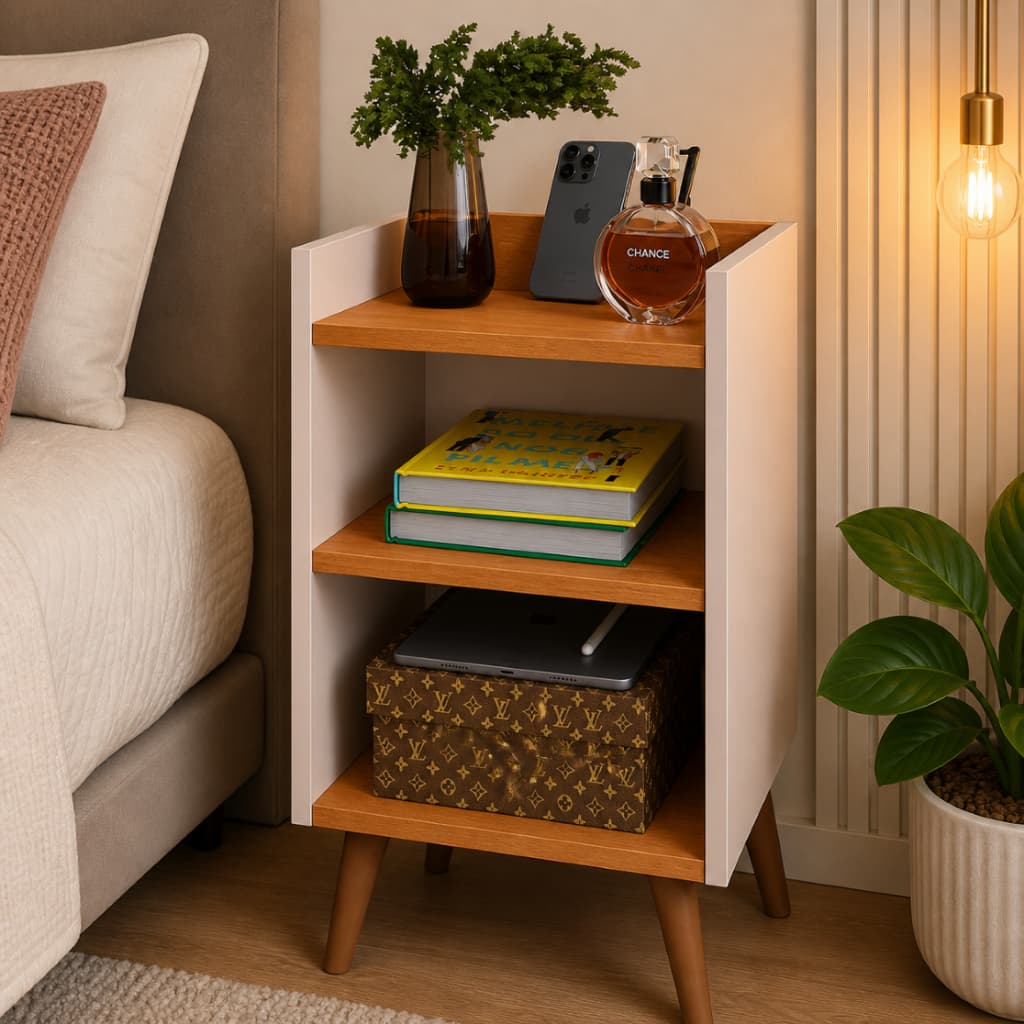 Mesa de Cabeceira Max Multiuso com Nicho Organizador para Quarto Moderna Compacta